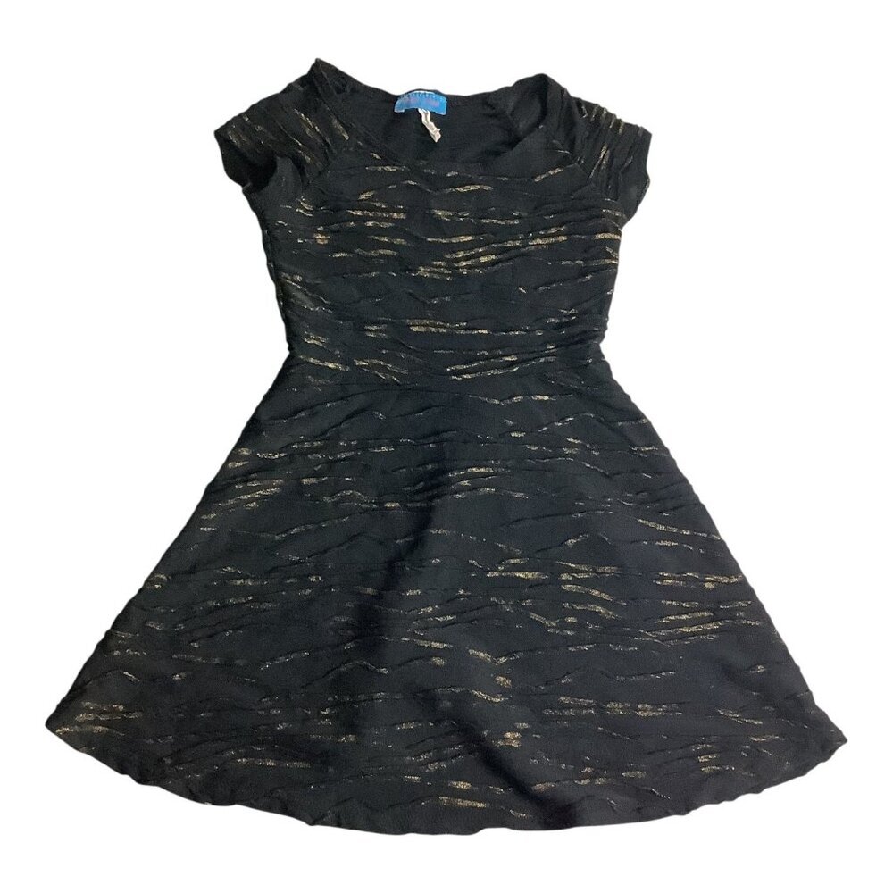 Brat Star Girls Black Dress‎ Wavy Gold Tone Pattern Cap Sleeves Size M